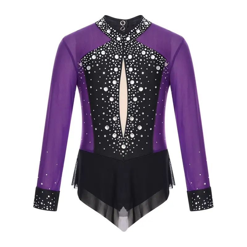 Kids Girls Rhinestones Color Block Rhythmic Gymnastics Dress Mesh Patchwork Leotard Skirted Bodysuit for Dancing Figure Skating - Image 7