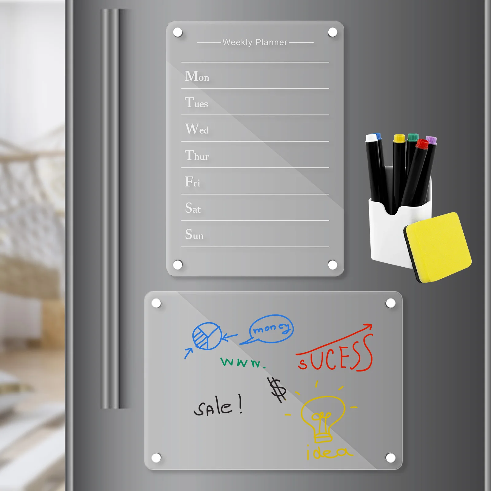 

2Pcs Acrylic Magnetic Calendar Set Transparent Planning Board Dry Erase Calendar with 6 Marker Pens Pen Holder Eraser Reusable