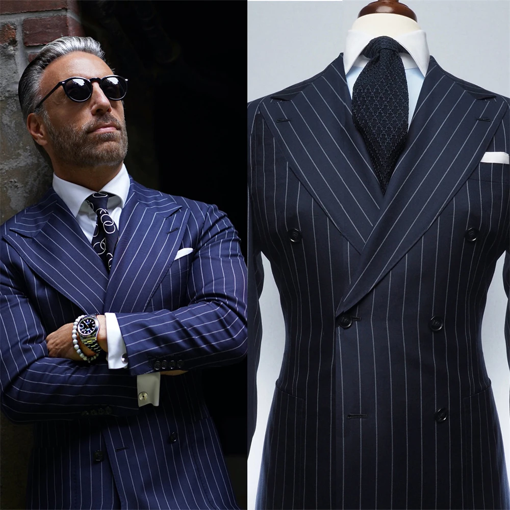 Elegant Strip Mens Wedding Tuxedos Prom Slim Fit Jacket Peaked Lapel Groom Wear For Men Business Office Only Coat