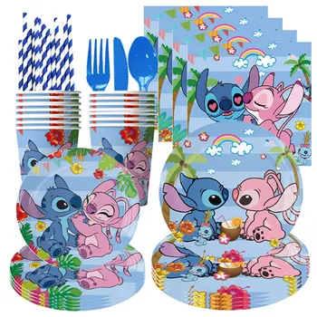 Disney Stitch Birthday Party Decorations for Kids Blue Lilo Stitch Theme Tableware Set Angle Balloons Cups Plates Party Supplies