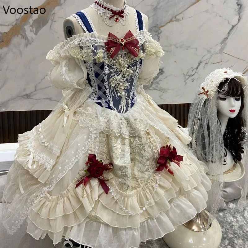 Lolita Dress Japanese Sweet Lolita Princess Dress Women Elegant Vintage Bow Off Shoulder Lace Mesh Pearl Evening Party Dresses Lolita Clothes