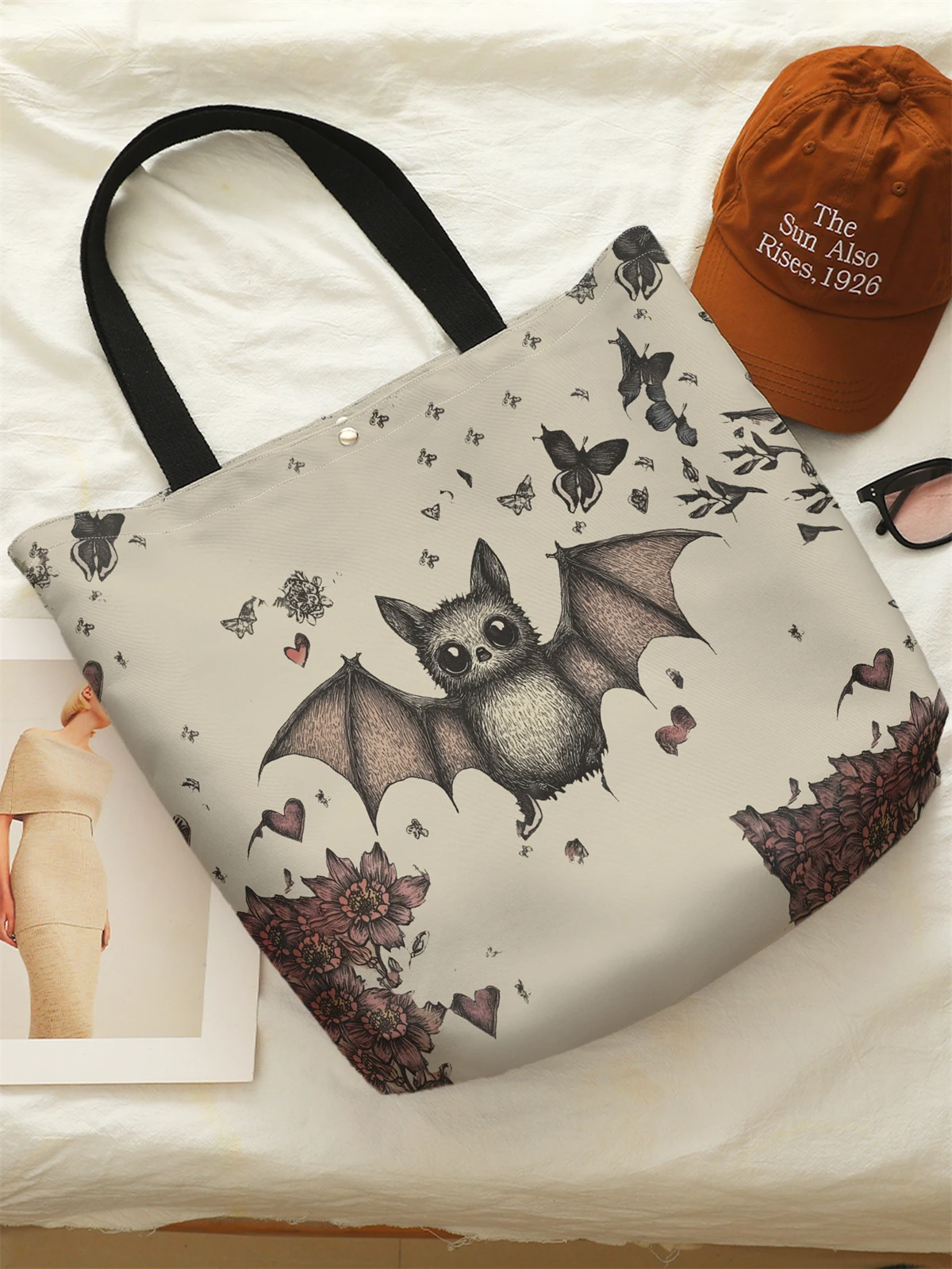 1pc， Cartoon bat pattern handbag, reusable fashionable handbag, multifunctional handbag, printed canvas shopping bag