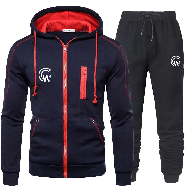 Fashion logo printed men's zippered jacket set Spring and Autumn men's vertical zippered hooded jacket+sports pants set