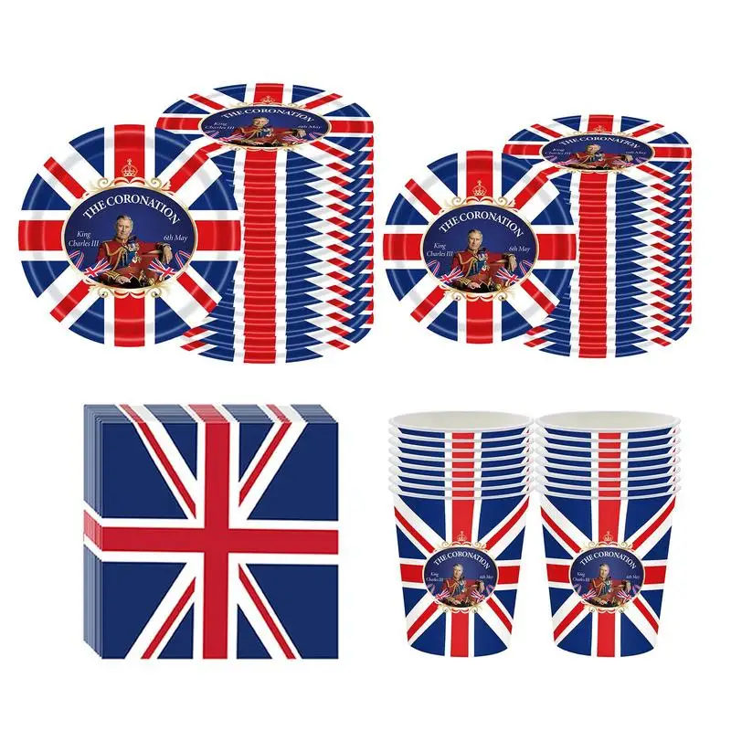 16pcs Union Jack Tableware Set UK Themed Paper Cups/Plates/Napkins Tableware Kit British Flag Party Supplies for King Charles