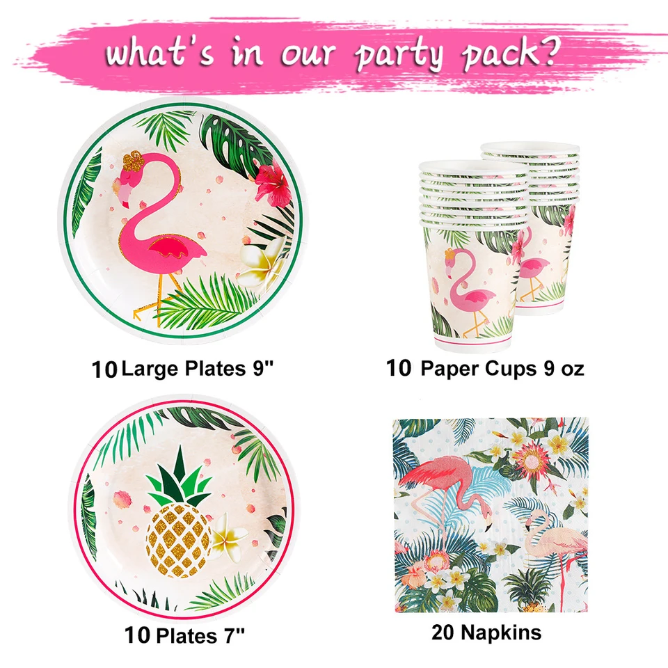 Vajilla Desechable De Cumpleaños Temática Flamenco/Hawaiana | Para 20 Personas | Incluye Platos, Vasos, Servilletas Y Mantel