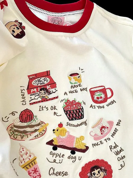 Heavy Embroidery Loose ort Sve T-irt for Women Cotton Breathable Summer Casual Top f Sve Creative Design