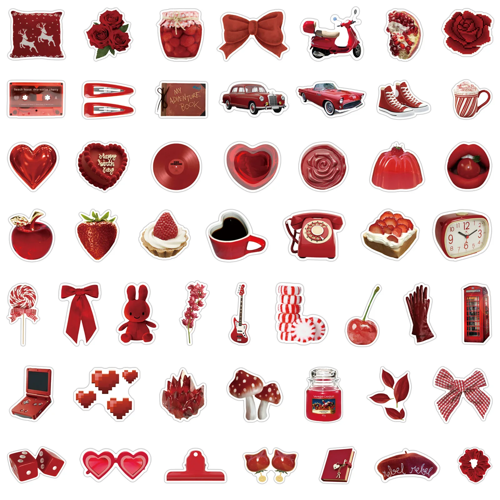 Red Art Themed Aesthetic Stickers - 50-Piece Set for Scrapbooks, Skateboards, Suitcases, Guitars, and DIY Projects