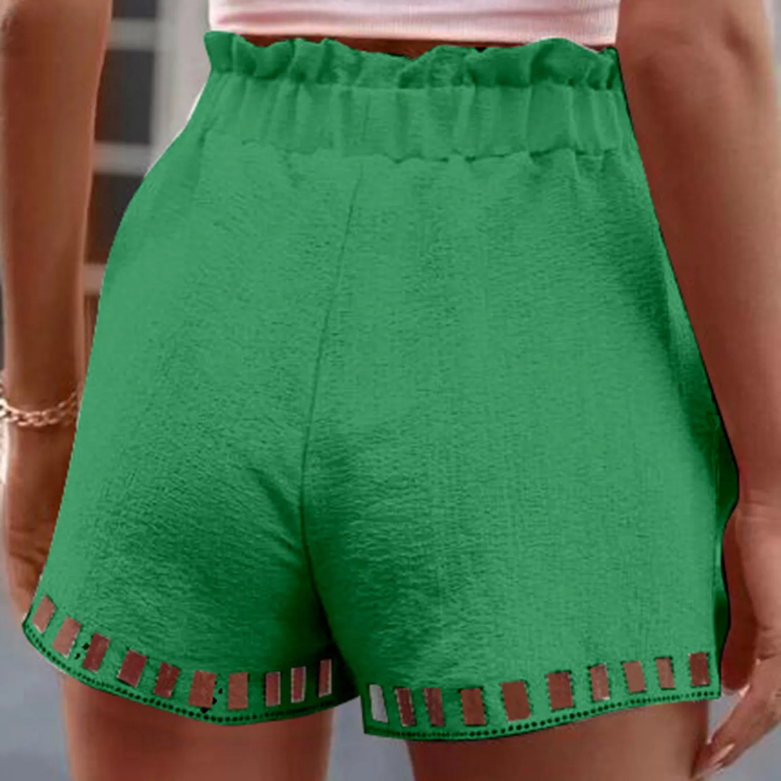 Cotton Linen Shorts Women'S Pants Solid Color Thin Hollow Out Design Trim Pocket Tight Waist Shorts Beachwear White Clothes