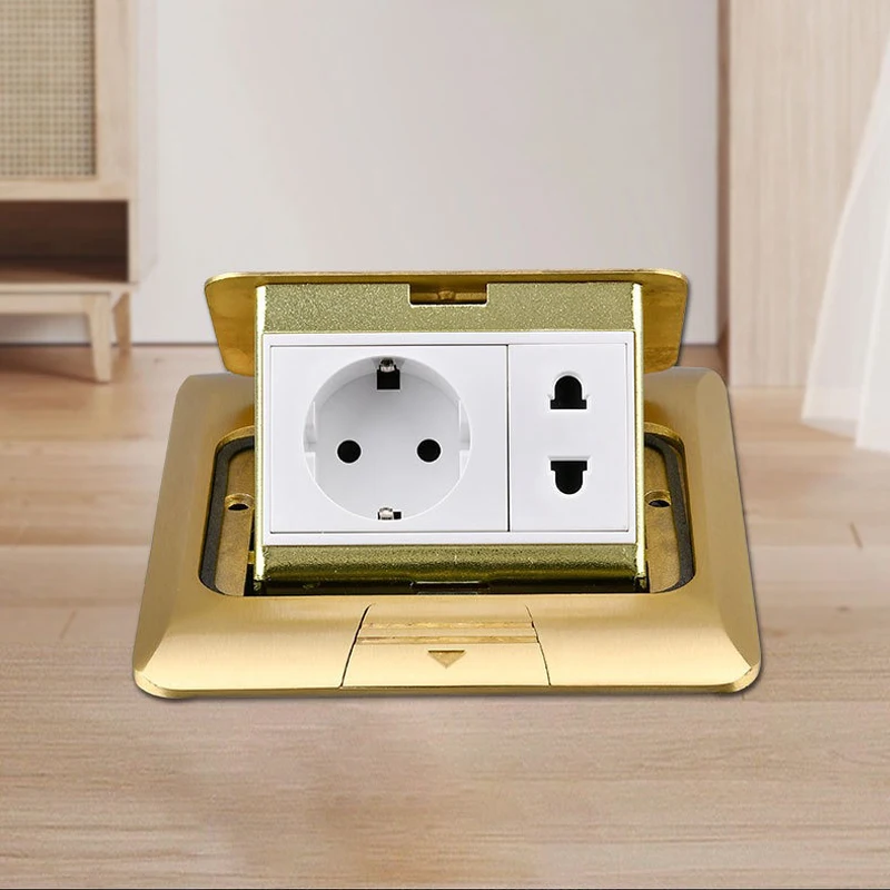 Gold Stainless Steel Hidden Pop-Up Floor Socket with USB Outlet - European Standard, Waterproof Design