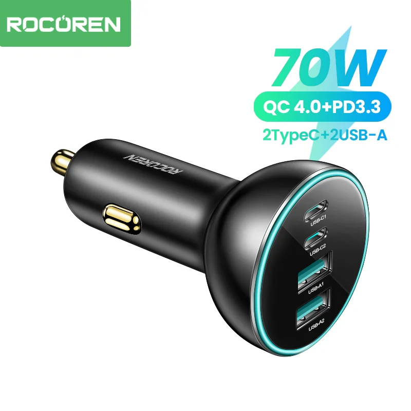 Rocoren 70 W 4-in-1-Autoladegerät USB Typ C QC4.0 PD3.0 Superschnelllade-Auto-Schnellladeadapter für iPhone 15 Xiaomi Samsung