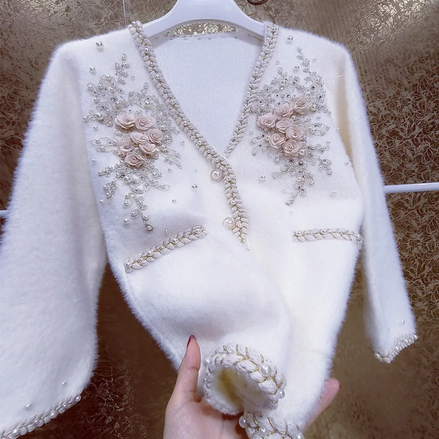 여성용 플라워 라인스톤 비즈 태슬 가디건, V넥 루즈한 작은 향기 스웨터, 아우터