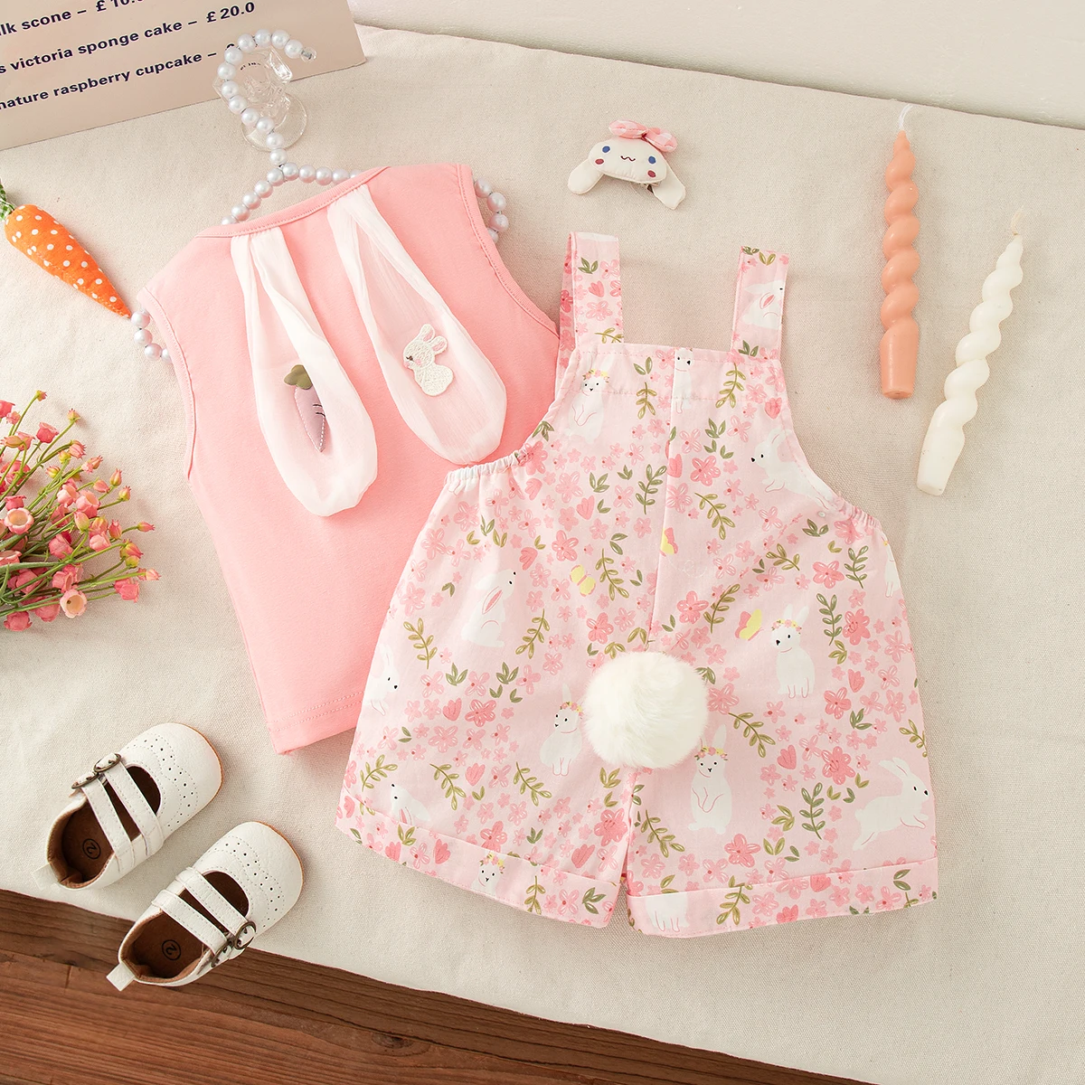 2pc/Set Baby Girl Outfit Summer Cartoon And Checkered Pattern Bib Pants Children Clothes Cute Casual Toddler Baby Clothing