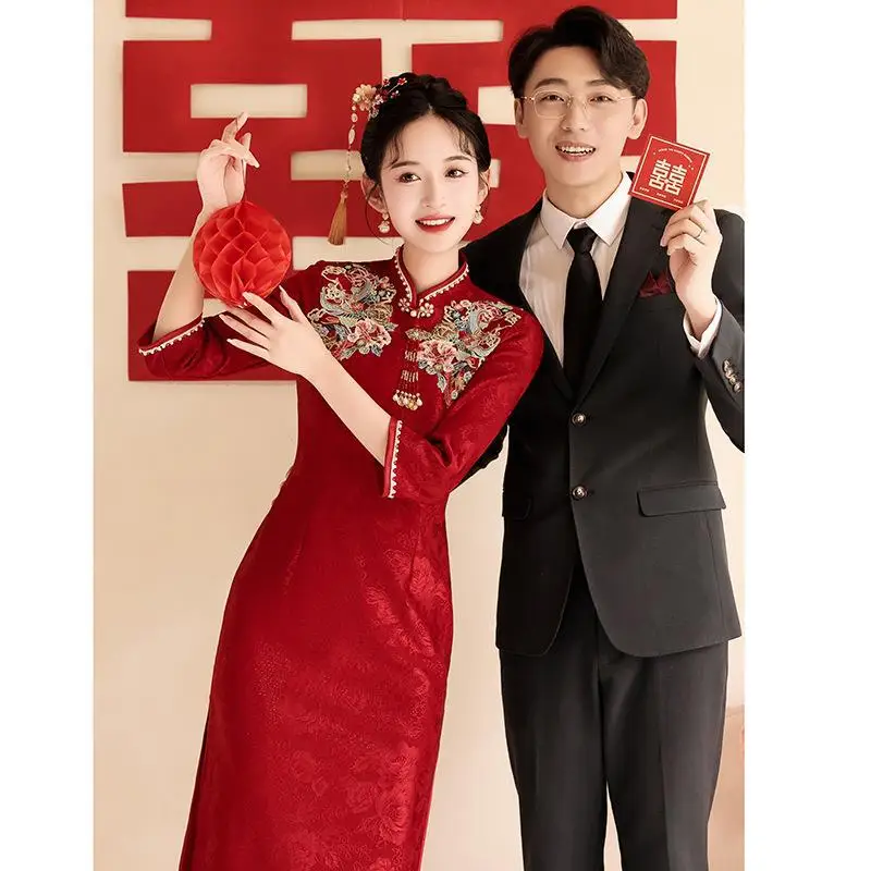 

Винно-красный вышитый чонсам, платье для провозглашения тостов, Новое свадебное платье в китайском стиле для молодых невест, платье для помолвки, для осени и