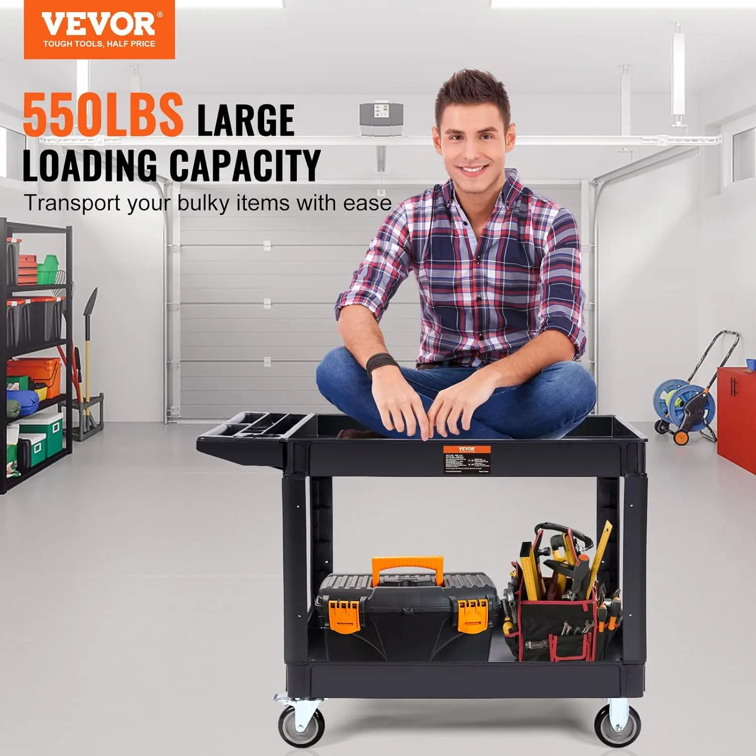 Utility Service Cart, 2 Shelf Heavy Duty Plastic Rolling Utility Cart with 360&deg; Swivel Wheels (2 with Brakes),