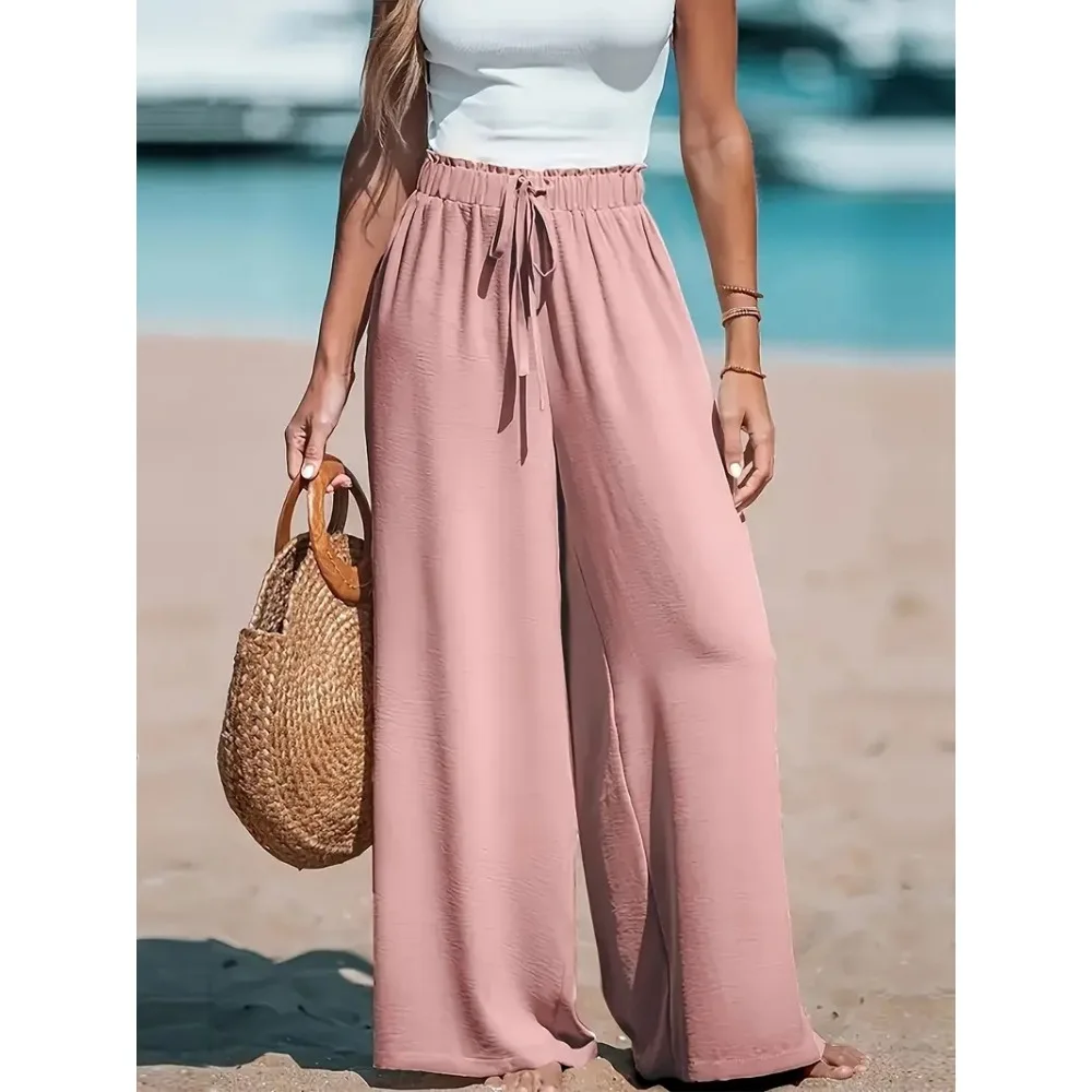 Womens Casual Wide Leg Pants Loose High Waisted Long Trousers Solid Color Soft Polyester Straight Culottes for Summer 4