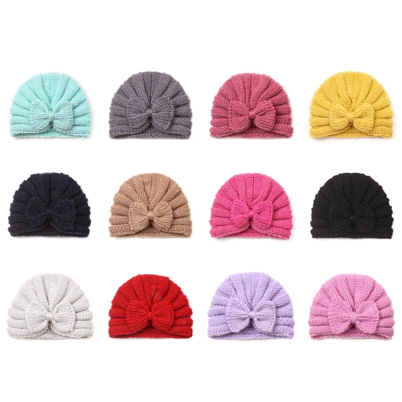 

F62D Baby Turban Hat Beanie Hat Winter Autumn Bow Knot Cap for Girls 0-24M Breathable Headdress Highly Stretchy Universal Hat