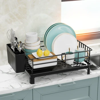 1pc Stendino per piatti Stoviglie da appoggio da cucina con asciugatura automatica Nero Bianco 1