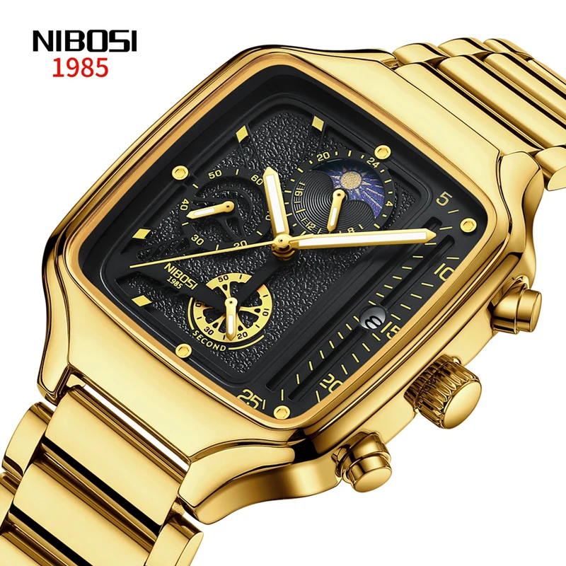 NIBOSI 2023 Luxury Business Men Watches Gold Quartz Stainless Steel Sport Square Clock Waterproof 24 Hours Date Relogio Masculin