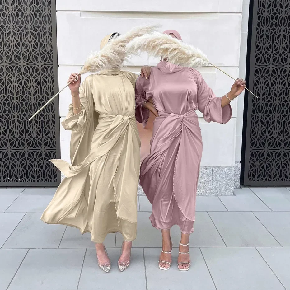 3 Piece Satin Abaya Kimono Muslim Sets Abayas for Women Dubai Turkey Hijab Dress Wrap Skirt Islamic Outfit Ensembles Musulmans