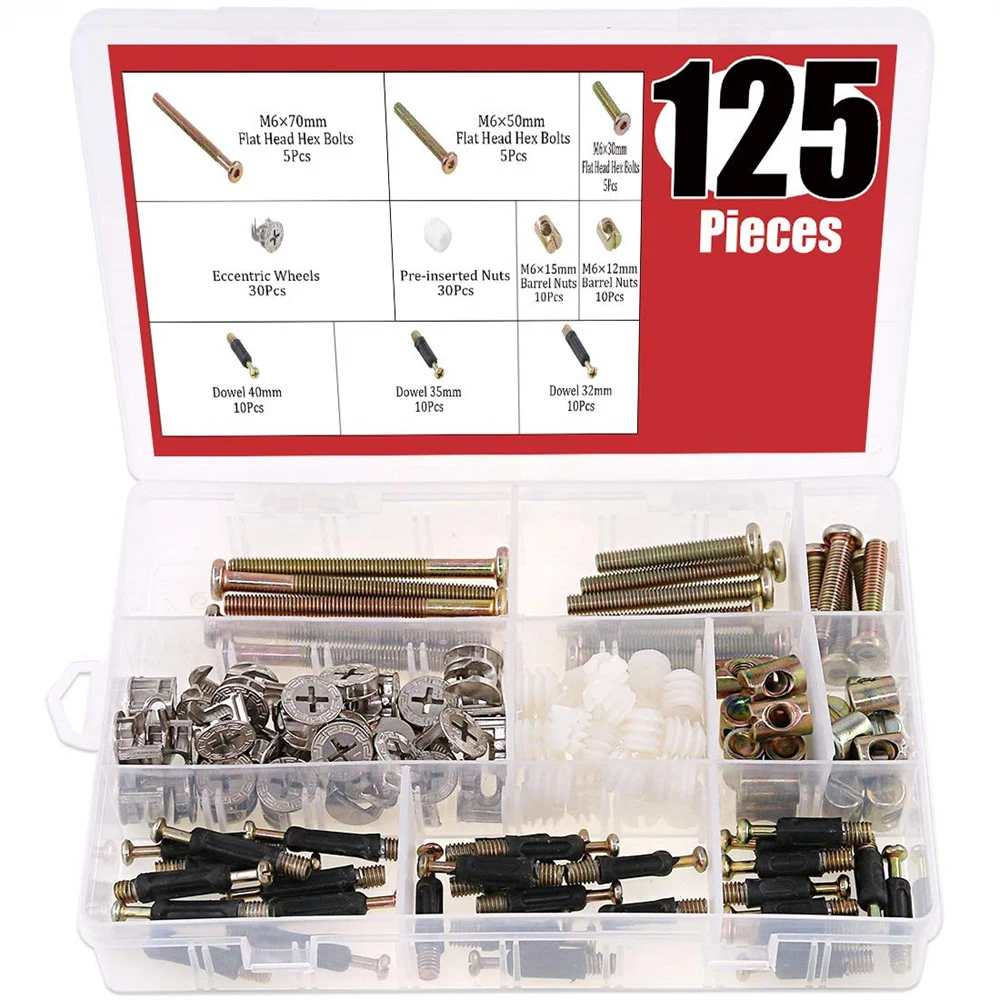 3 in 1 Cam Fitting with Dowel Pre-Inserted Nut with Zinc Plated Hex Drive Socket Furniture Barrel Nuts Crib Screws Kit 125 Pcs