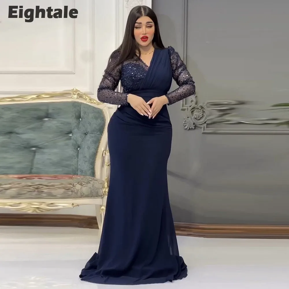 

Eightale Plus Size Evening Dresses V-Neck Pleats Sequined Luxury Chiffon Mermaid Formal Wedding Prom Party Gown Robe De Soiree