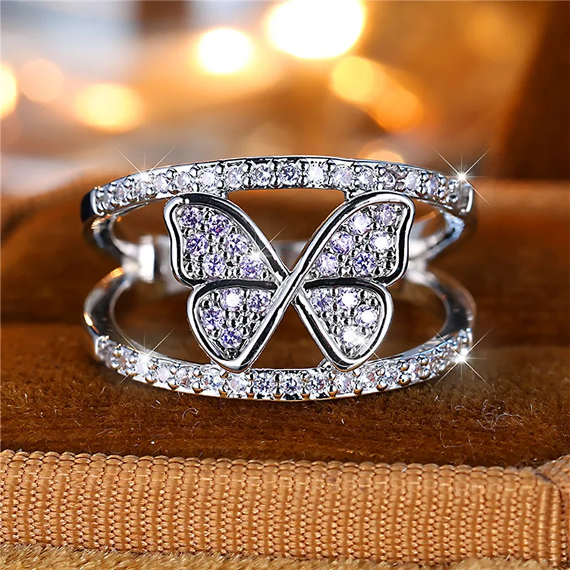 Cute Female Small White Purple Zircon Stone Butterfly Engagement Ring Trendy Silver Color Bride Wedding Jewelry Gift For Women