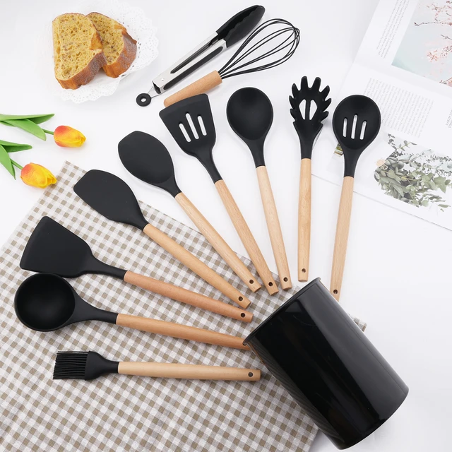 Utensili Set,12 Pezzi Silicone al Calore Manico Legno Antiaderenti