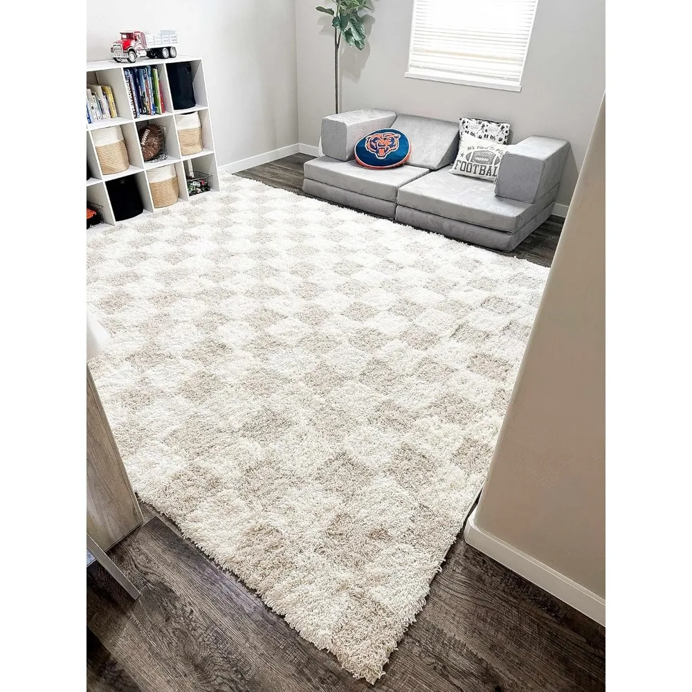 Atira Contemporary Checkered Fluffy Shag Area Rug-Modern Geometric Carpet Tiles for Living Room, Kids Room, Nursery
