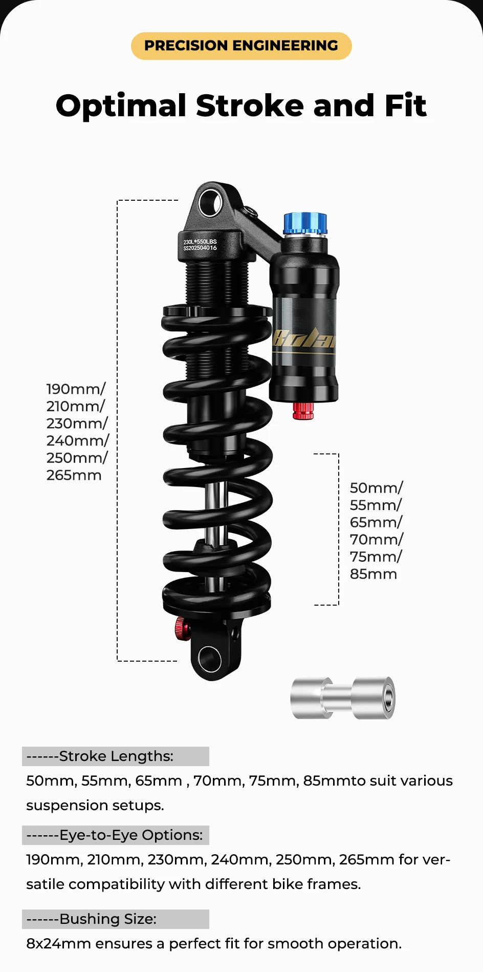 BOLANY Mountainbike-Hinterraddämpfer 550 lbs Federung Motorrad-Stoßdämpfer DH MTB Fahrrad-Hinterradstoßdämpfer 190/210/230/240/250/265 mm – Detail 5
