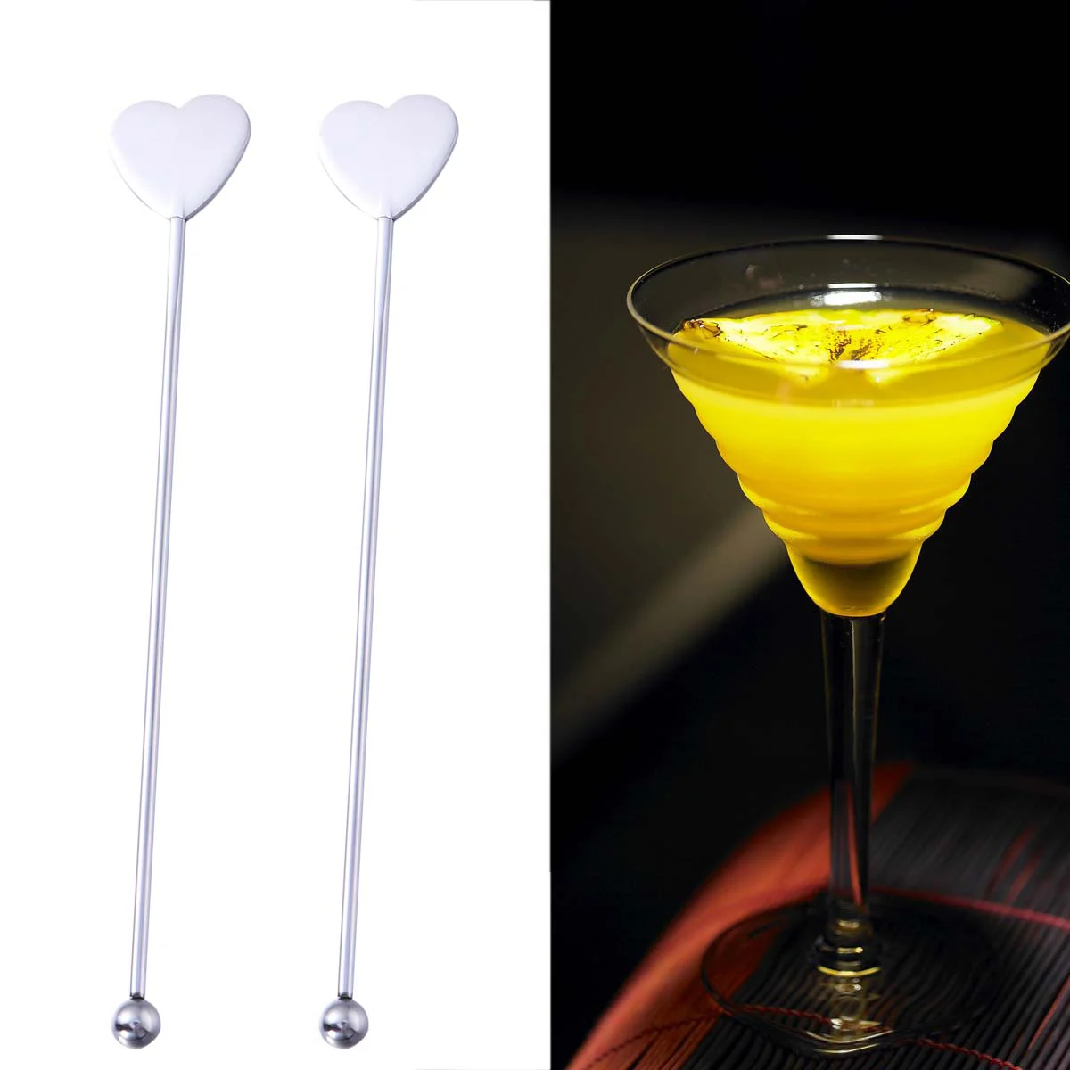 

Stainless Steel Practical Durable Heart-shaped and Round Bead Martini Picks Cocktail Pick Set Fruit Stick Stirring Stick