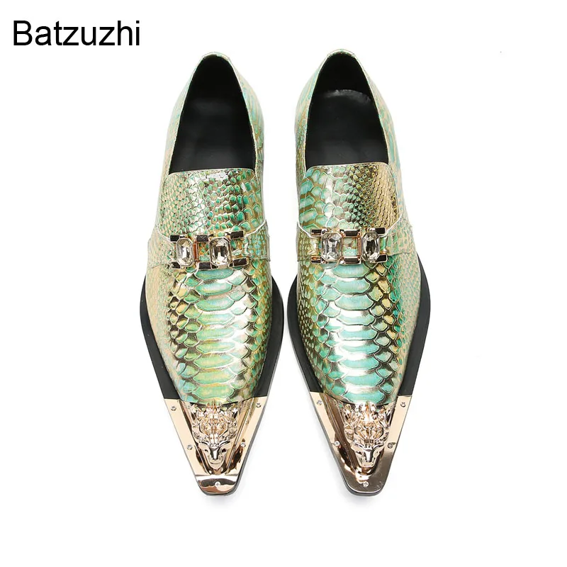 Batzuzhi Italian Type Men's Shoes Slip on Formal Business Leather Dress Shoes Men Golden Metal Toe Fashion Party, Wedding Shoes!