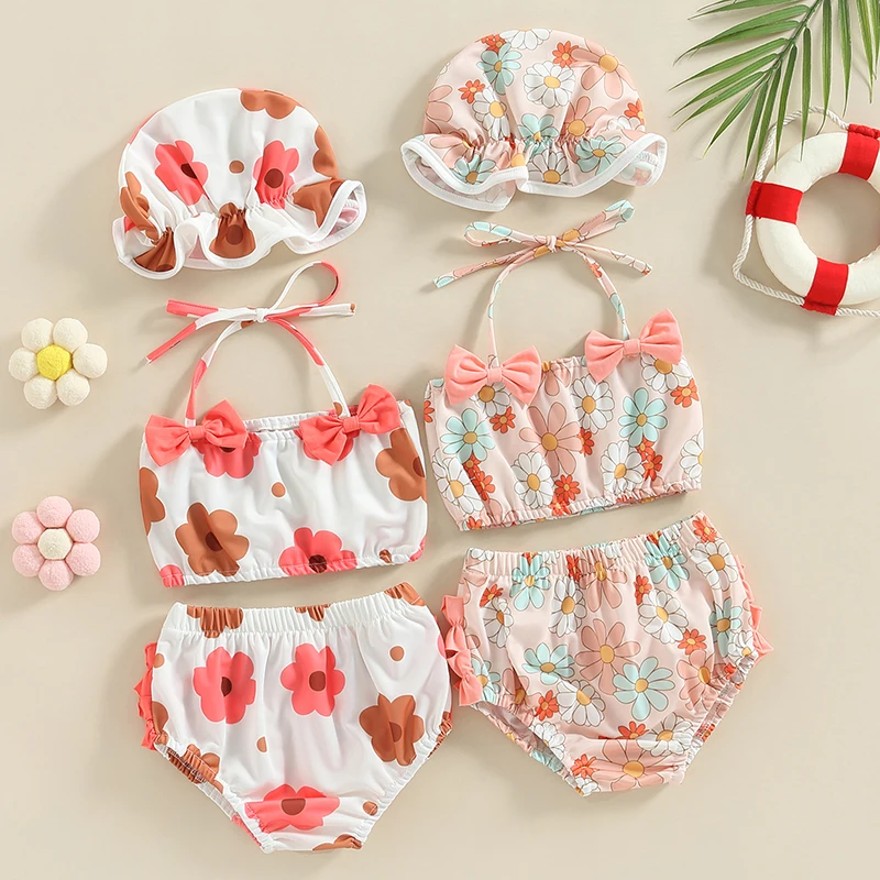 

Cute Baby Girls 3Pieces Swimsuits Lovely Floral Print Swimwear Beachwear Bow Halter Crop Tops+Ruffle Shorts+Swim Cap Swimwear