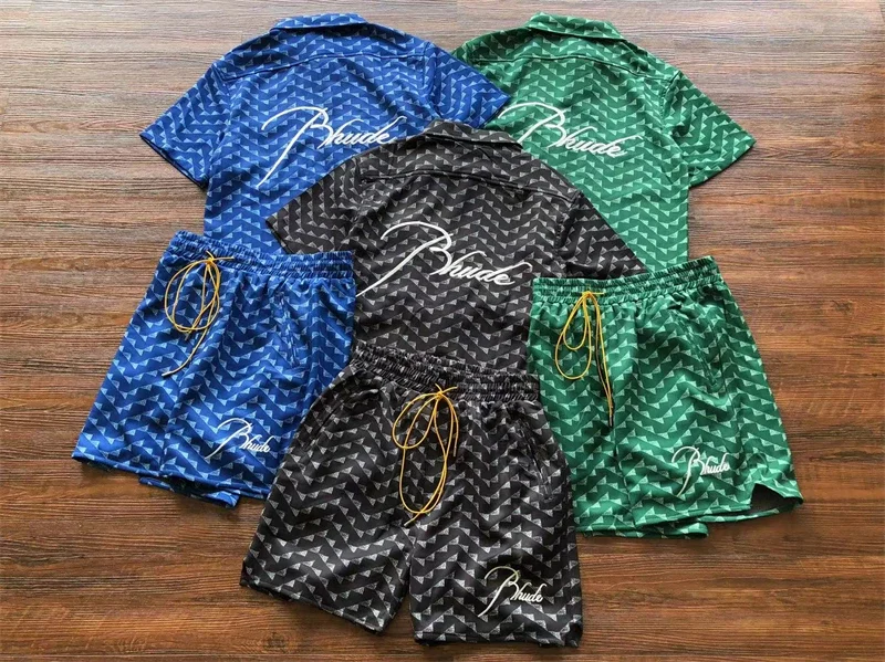 

Embroidery Rhude Shirts Men Women Patchwork Triangle Plaid Heavy Fabric Loose Short Sleeve Shirt gym