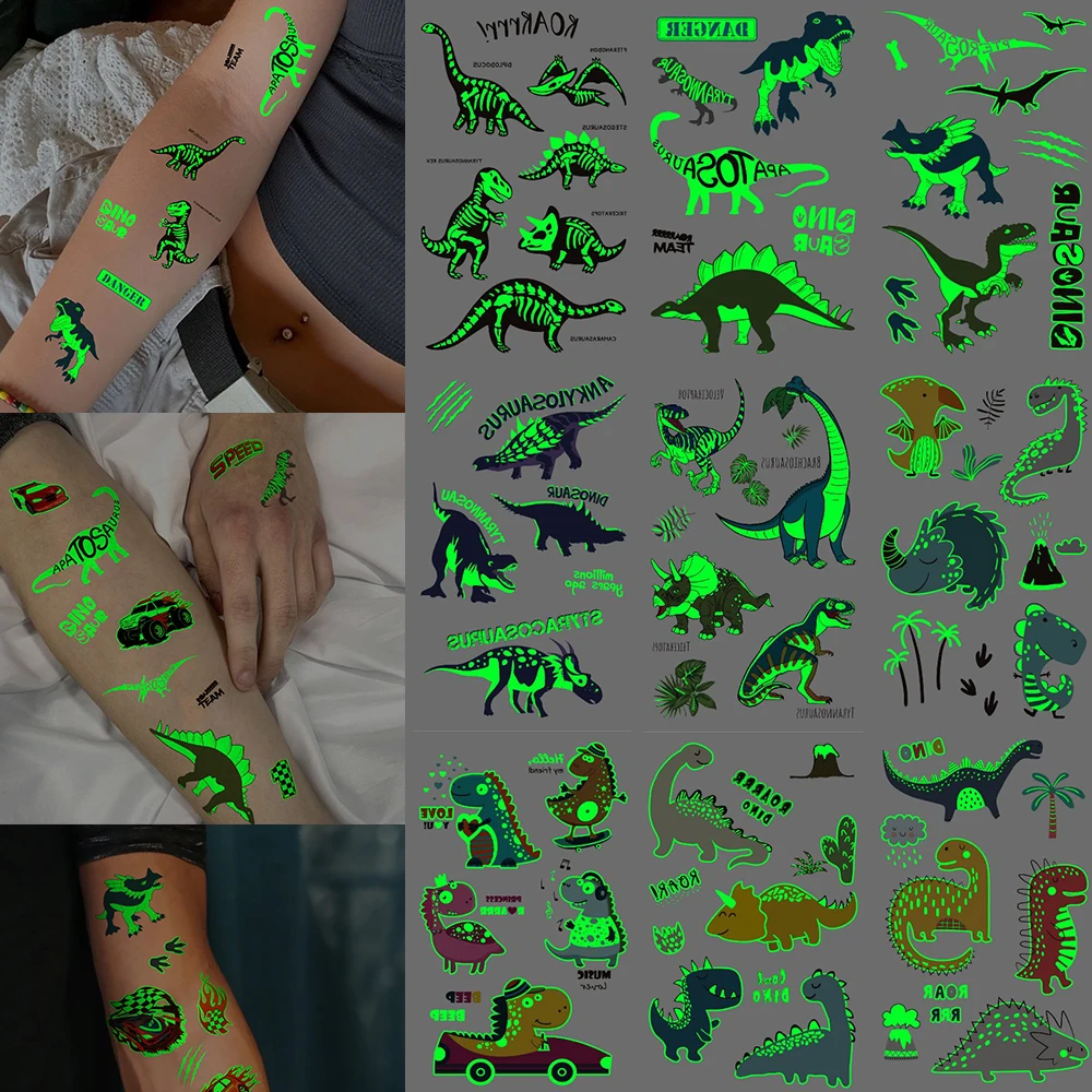 Luminous Cute Dinosaur Glow Waterproof Temporary Tattoo Stickers 10pcs Animal Totem Flash Tattoos Face Arm Body Art Fake Tattoos tattoo sticker