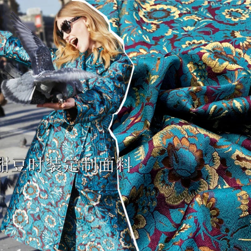 

Gold Silk Brocade Jacquard Fabric Yarn Dyed Flower Dress Trench Coat Fashion Cloth Brand Design Sew Wholesale Material by Meter