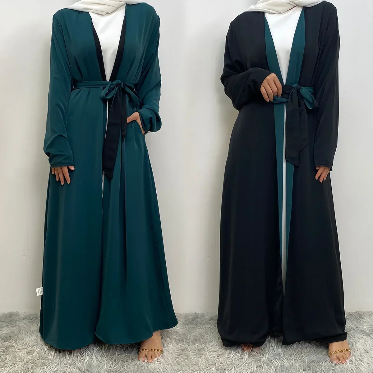 Ramadan Arabic Kimono Abaya Belt Muslim Long Dress Reversible Abayas for Women with Pockets Islamic Clothes Kaftan Hijab Robe