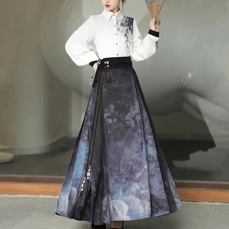 Spring Autumn Fashion Vintage Women's Set High Street Elegant Long Sleeve Button Shirt and Chinese Style Lacing Printing Skirts