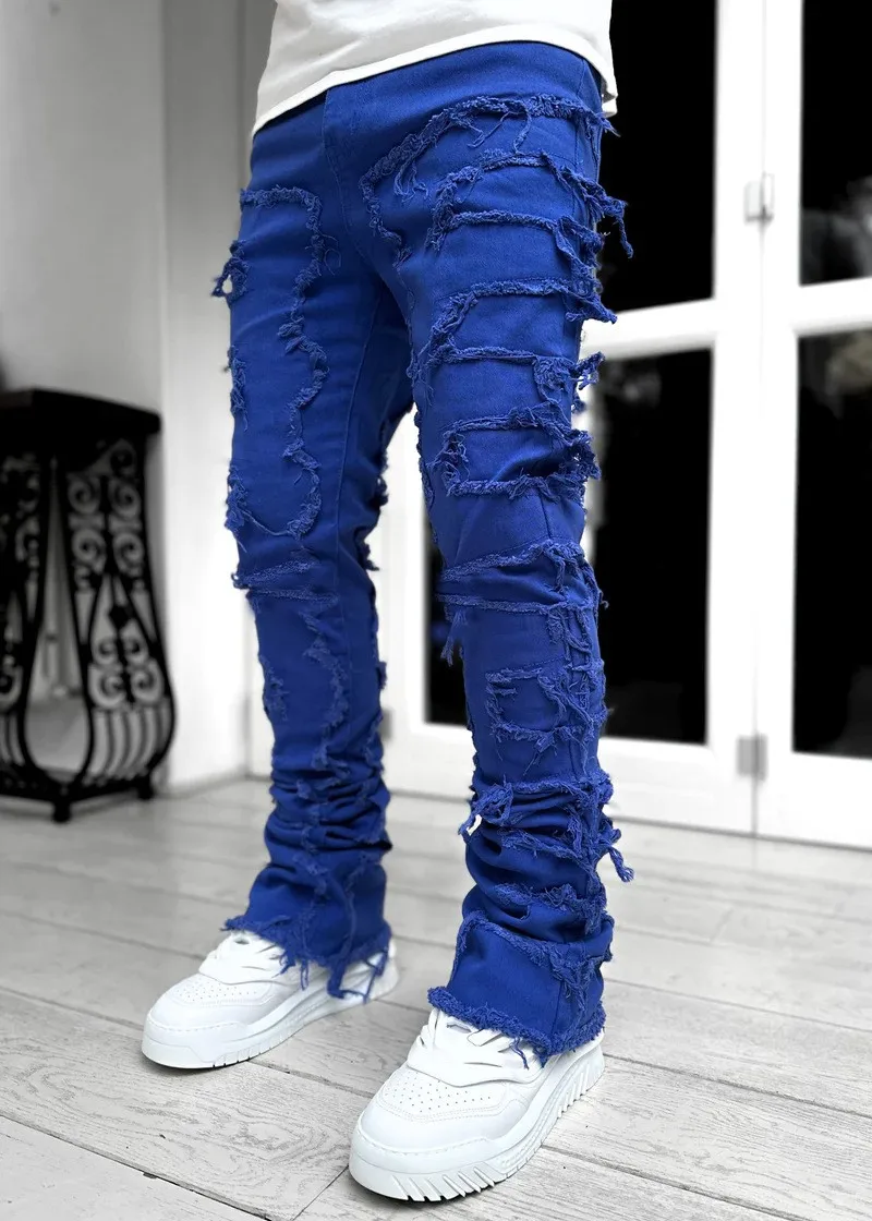 High Street Stretch Patch Jeans For Men Men's Clothing Fashion Mid Waist Patchwork Hip-hop Creative New Jeans Long Pants Male