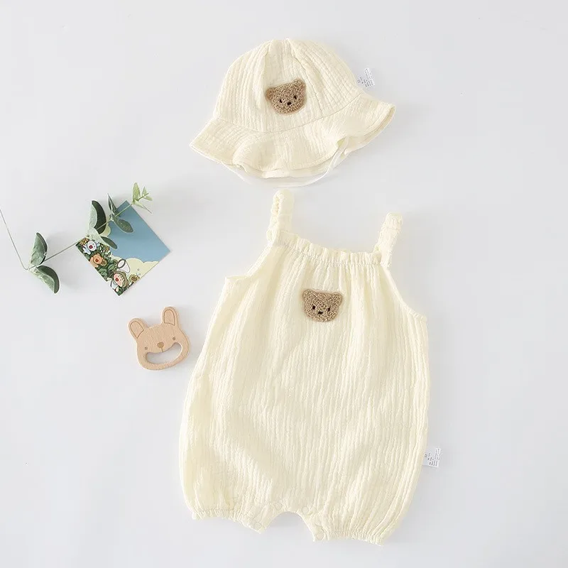 2022 Summer New Baby Sleeveless Bodysuit + Hat Thin Cotton Newborn Infant Cartoon Bear Clothes Baby Boy Jumpsuit Girl Overalls best baby bodysuits Baby Rompers