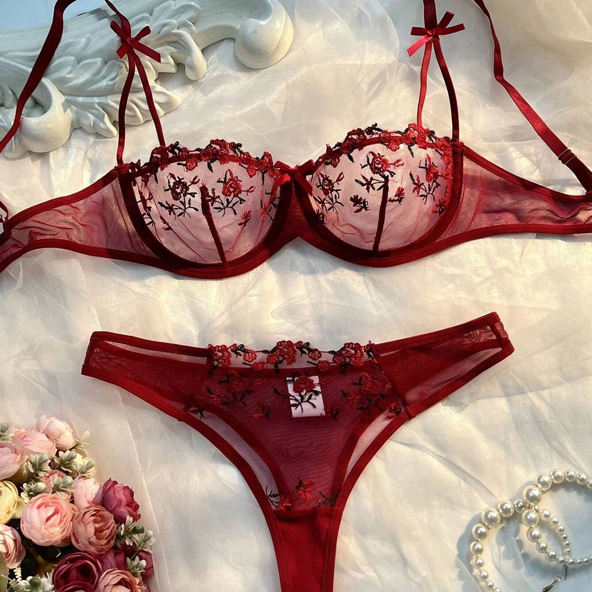 Sexy Lingerie Women Thin Transparent Lace See Through Female Erotic Underwear Bra And Panty Set Sleepwear Suit Embroidery Floral