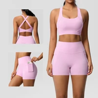 2PCS Sportswear With Pocketed Yoga Set Gym Clothes Yoga Suits For Women Tracksuits Sports Shorts Crossover Bra Gym Leggings