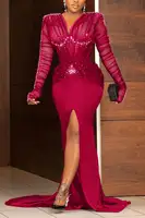 Evening Dress for Women Plus Size Sequin Slim Paty Club Elegant Long Sleeve Ruched Rhinestone Pearl Decor Slit Train Maxi Dress - Image 3