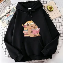Cat and Capybara Reading Cozy Hoodie - Casual Harajuku Sweatshirt - Asian XL (Black)