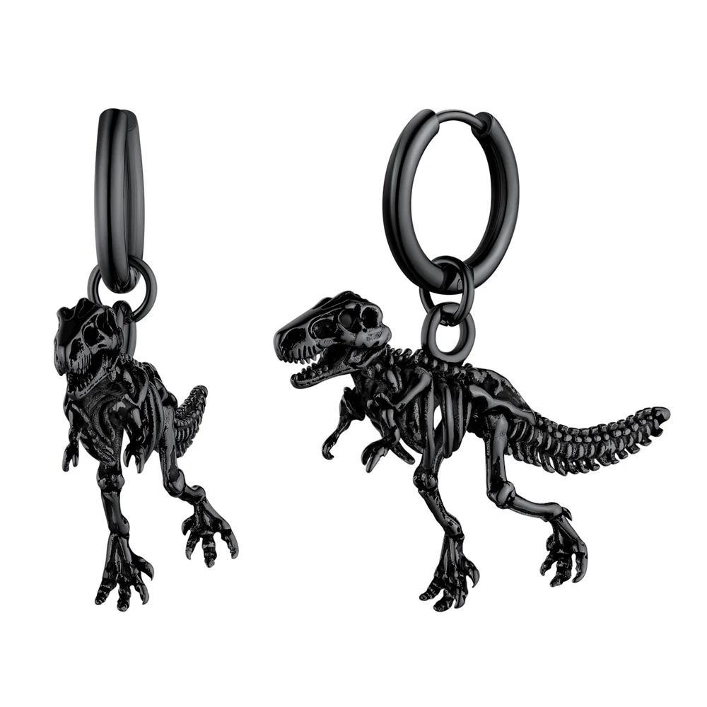 U7 Stainless Steel Dinosaur Dangle Earring 18K Gold Black Color Punk Tyrannosaurus Rex Skeleton Bone Rock Unisex Man Earrings