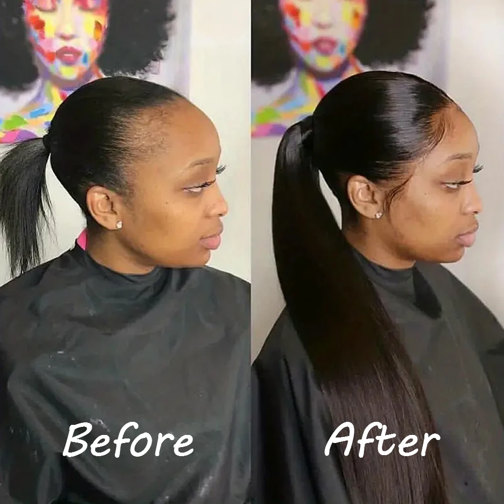 Megeen Straight Drawstring Ponytail Extensions Human Hair 10-24Inch Brazilian Natural Black Ponytail For Women 2 Combs 1Pcs 100G 2