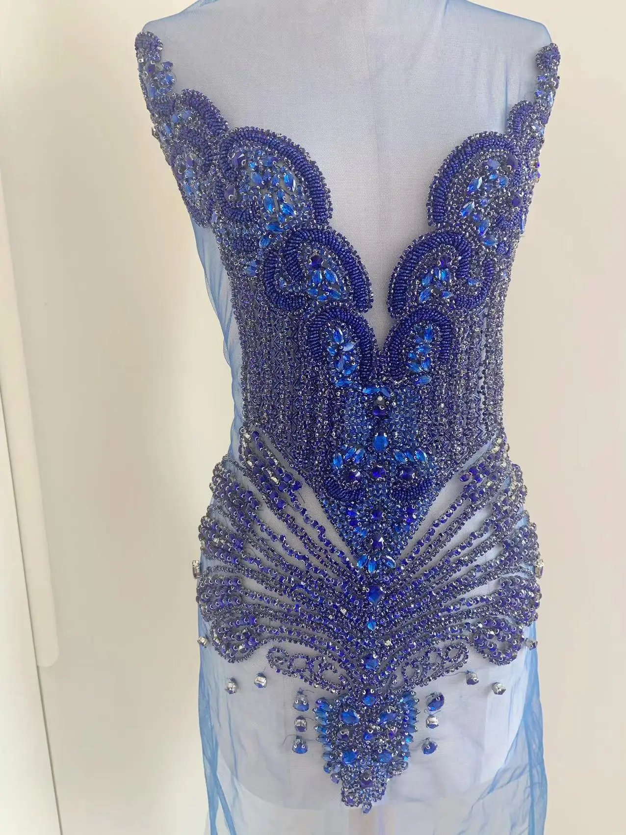 

Luxurious Large Blue Rhinestone Applique Clear Crystal Beaded Bodice Mesh Patch for Silver Couture,Ball Gown,Stage Performance