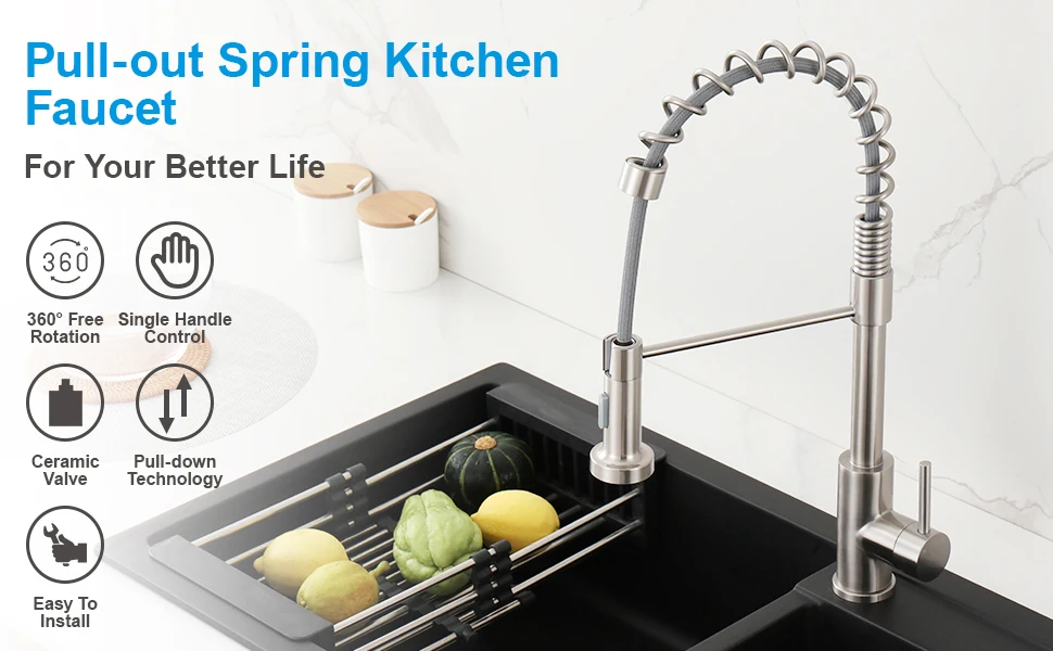 Kitchen Faucets Commercial Solid Brass Single Handle Single Lever Pull Down Sprayer Spring Kitchen Sink Faucet Nickel / Black brass kitchen sink