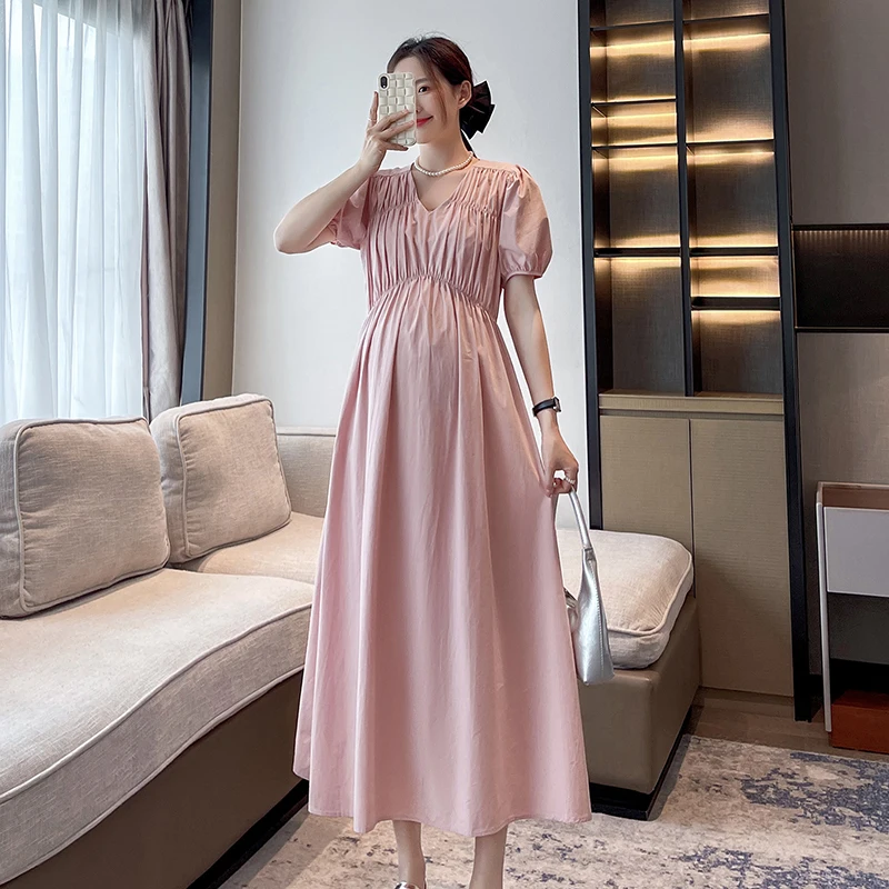 

French Style Hubble-bubble Sleeve Pregnant Women Dress Solid Color Square Collar Stretched Bust Maternity Empired Dress Elegant