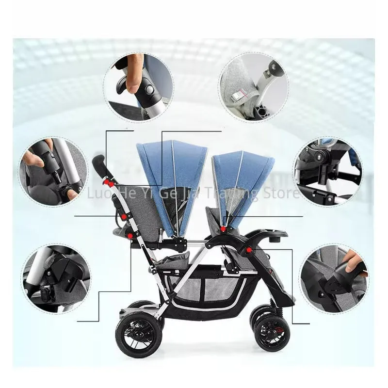 Double Kids Sit/Stand Stroller With Rain Cover, Fold Pram For 2 Baby, 4 Color Available