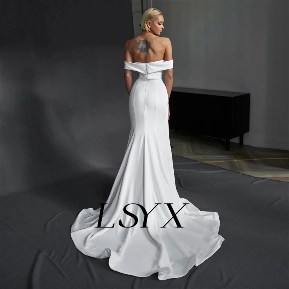 LSYX Boat Neck Off-Shoulder Crepe Pleat White Wedding Dress High Side Slit Zipper Back Court Train Bridal Gown Custom Made